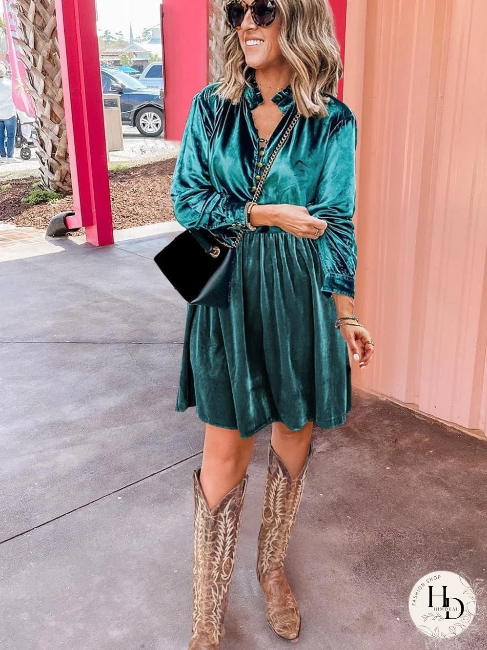 Elegant Green Velvet Ruffled Button-Up Mini Dress