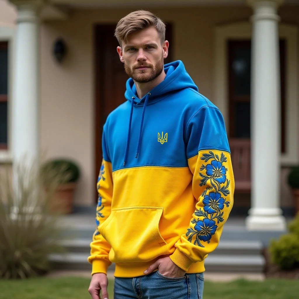 Men's Ukrainian Floral Embroidered Contrast Color Cozy Hoodie