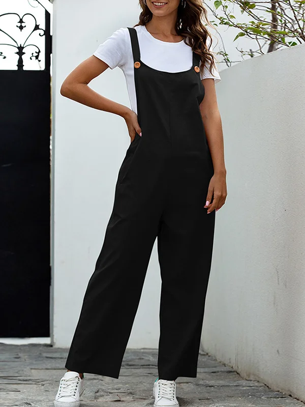 Roomy Buttoned Pure Color Overalls