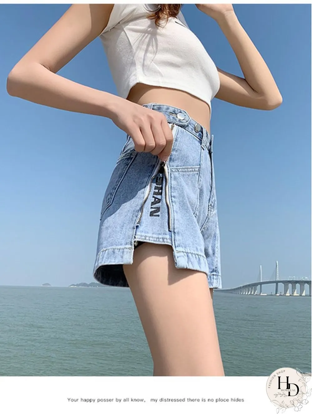 Women's Denim Shorts zipper slit stretch adjustable summer relaxed NEW