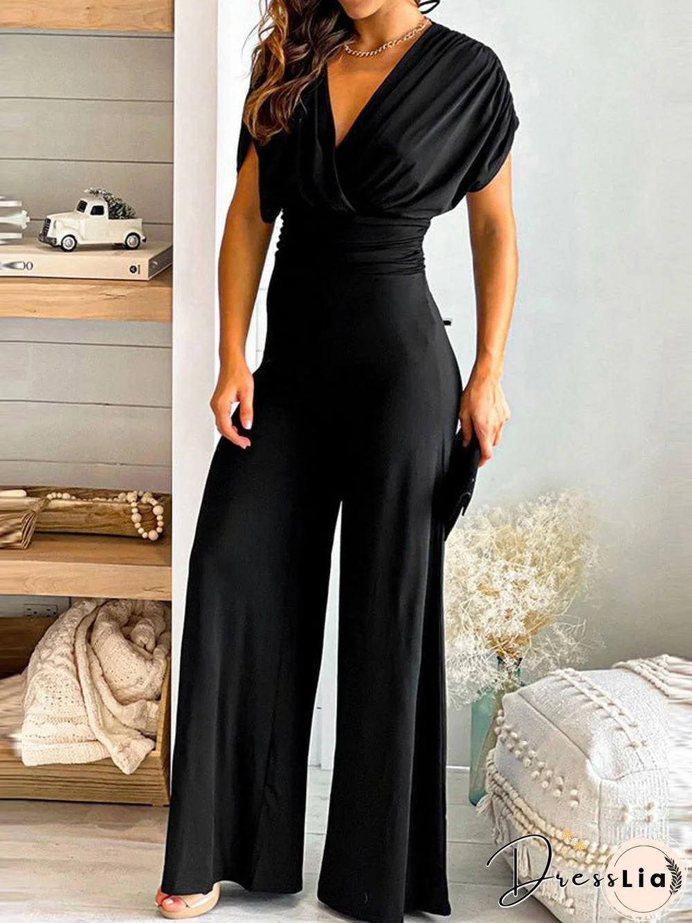 Women'S Jumpsuits Solid V-Neck Slim Fit Wide Leg Pants