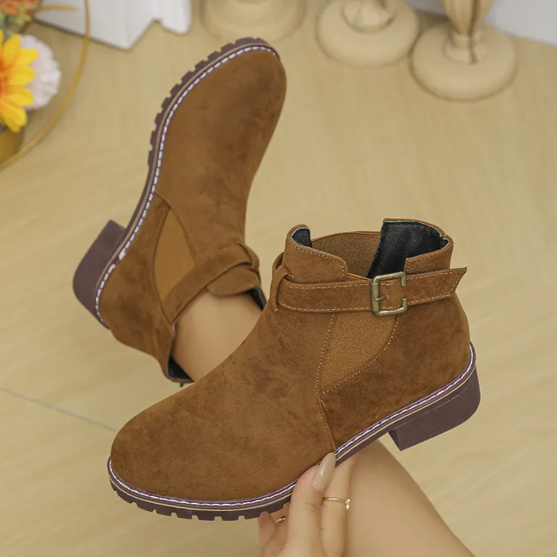Breakj Breakj Women's Boots 2025 Autumn And Winter New Martin Boots Low-Heeled Square Belt Buckle Short Cylinder Tight Velvet Surface