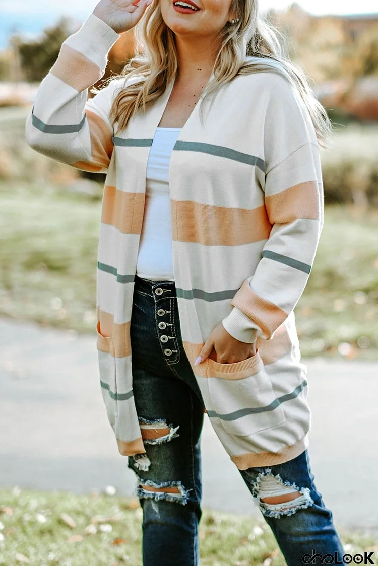 Plus Size Striped Open Front Cardigan