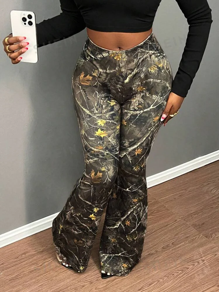 Uveng Uveng Large-Size Women's High-Waisted Leaf Print Flared Trousers
