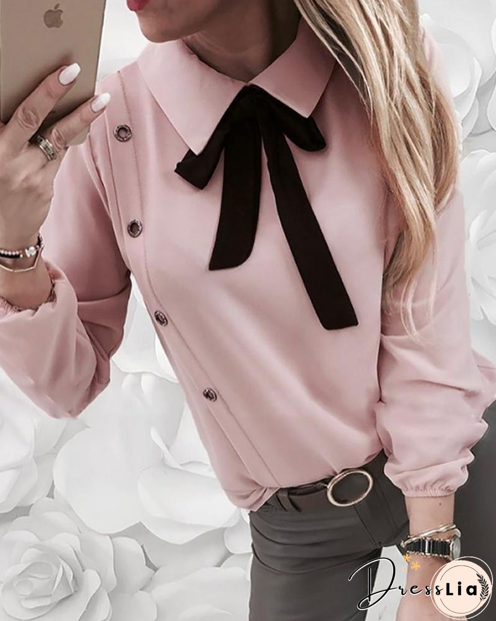Contrast Tied Neck Buttoned Casual Shirt P11060