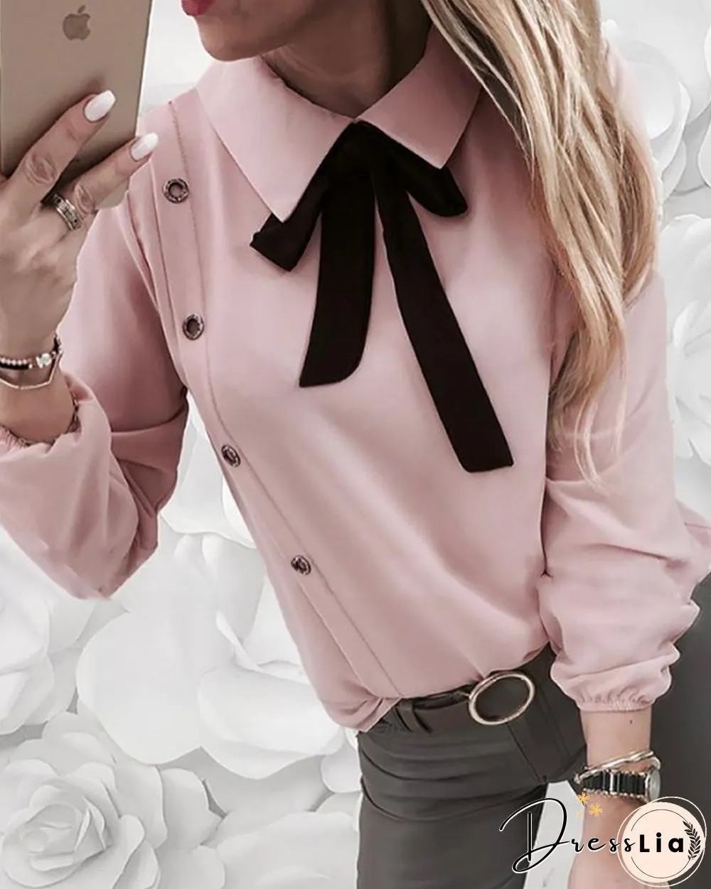 Contrast Tied Neck Buttoned Casual Shirt P11060
