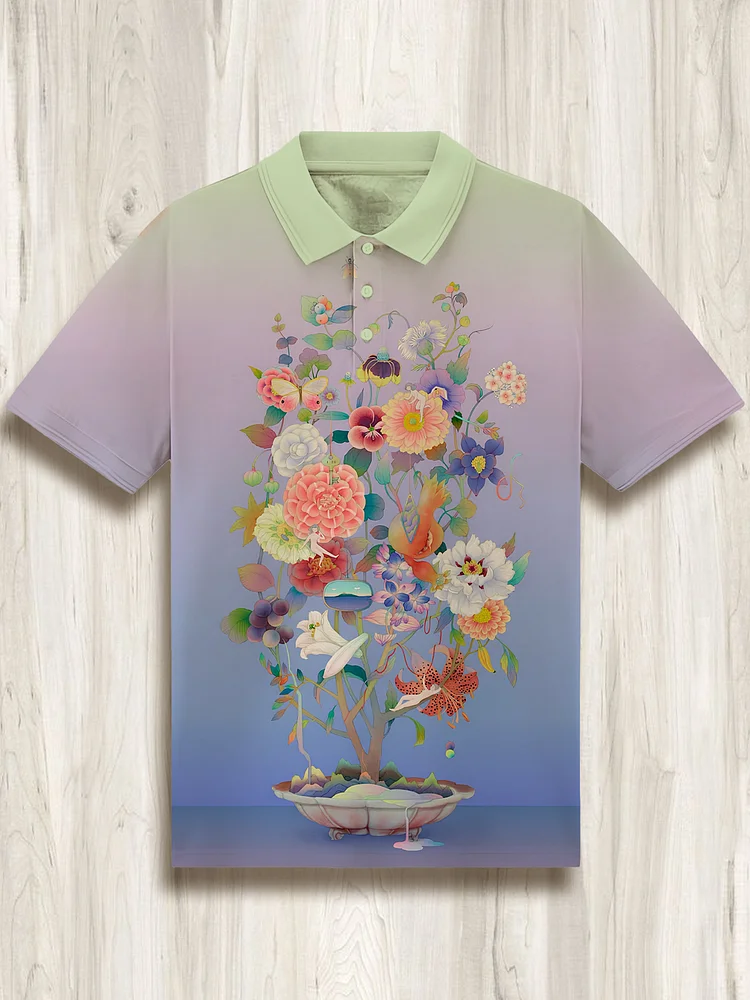 Men's Gradient Art Chinese Style Floral Print Polo Shirt