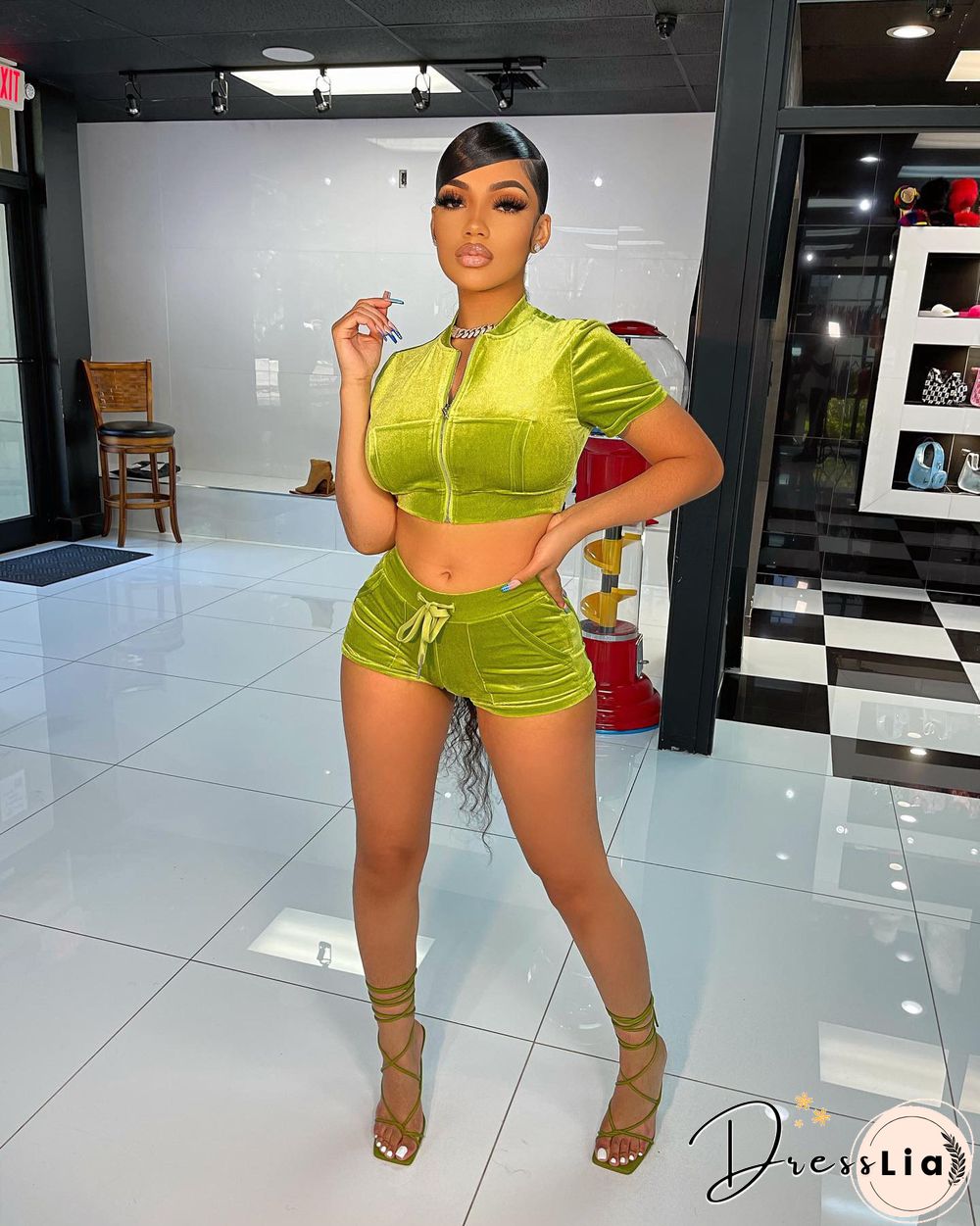 Velvet Crop Tops Biker Shorts Workout Matching Sets