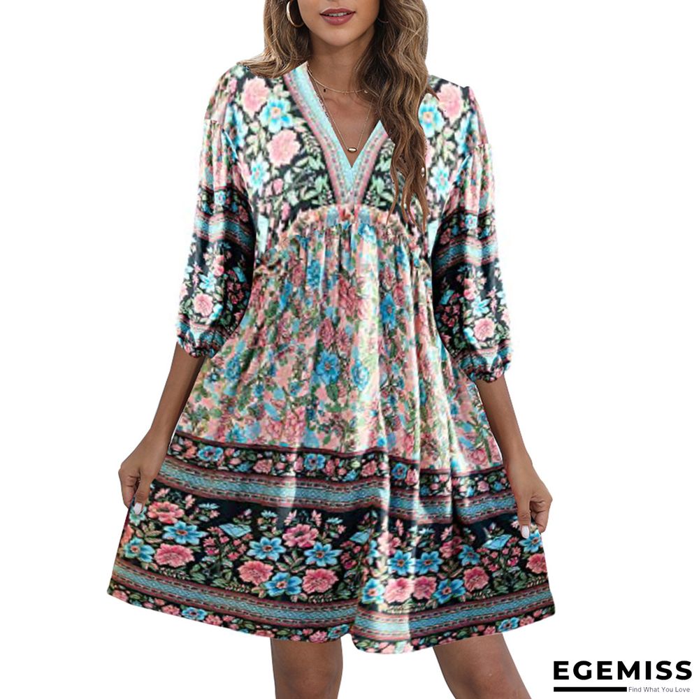 Bohemian Print V-neck Bubble Sleeve Big Swing National Style Dress Women's Wear | EGEMISS