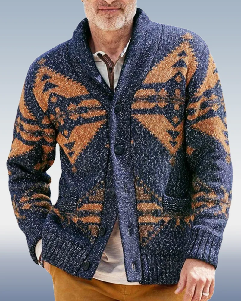 Men's Navy Blue Long Sleeve Jacquard Cardigan Sweater