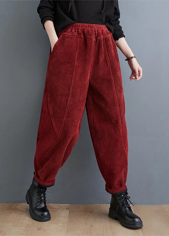 Casual Red Pockets Elastic Waist Corduroy Warm Fleece Pants Winter