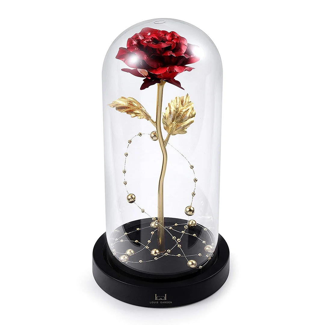 Garden Beauty and The Beast Rose Kit, Colorful Gold Foil Rose and Led Light in Glass Dome on Black Wooden Base for Home Decor