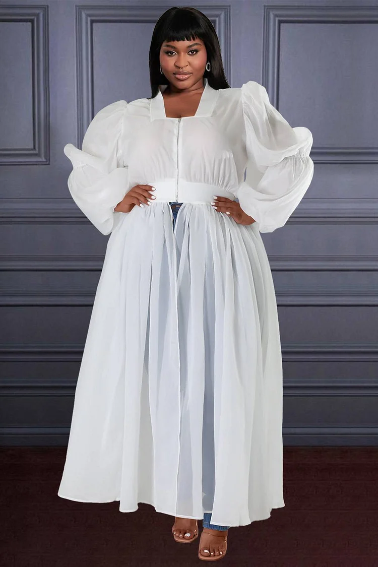 Xpluswear Design Plus Size Formal Maxi Dresses Elegant White Fall Winter Square Neck Lantern Sleeve Long Sleeve Mesh Maxi Dresses [Pre-Order]