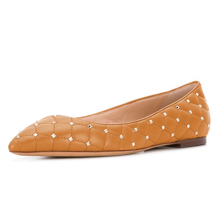 Ginger Quilted Studs Shoes Pointy Toe Comfortable Flats |FSJ Shoes