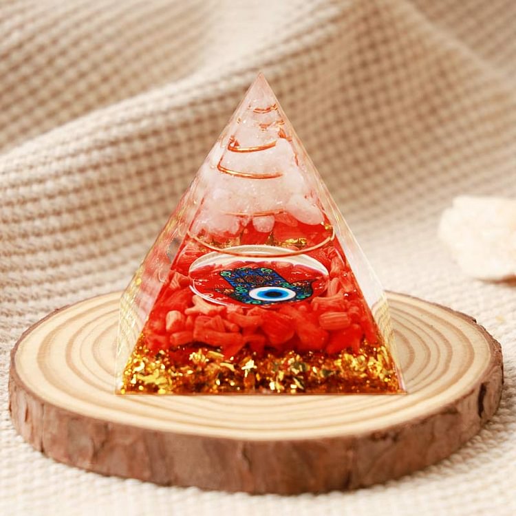 Clear Quartz With Red Coral Hamsa & Evil Eye Orgone Pyramid