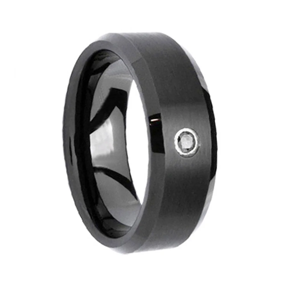 6MM 8MM Mens Black Tungsten Carbide Rings Zircon Inlaid Top