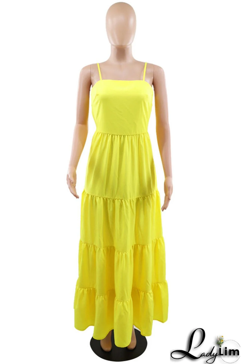 Yellow Fashion Casual Solid Backless Spaghetti Strap Long Dress