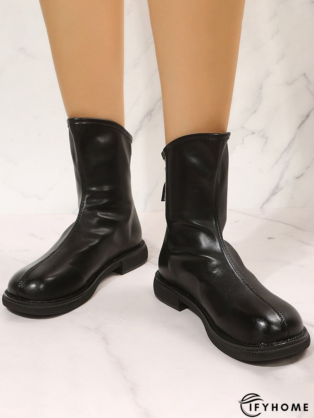 Antique Polished Short Back Zip Block Heel Boots | IFYHOME