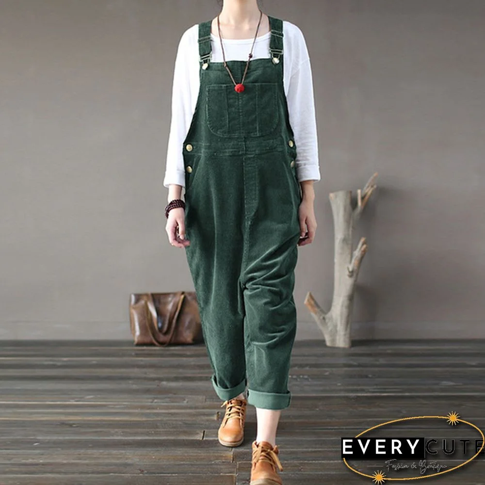 Plus Size Vintage Women Corduroy Overalls Dungarees Solid Color Bib Pants Sleeveless Jumpsuits Harem Pants