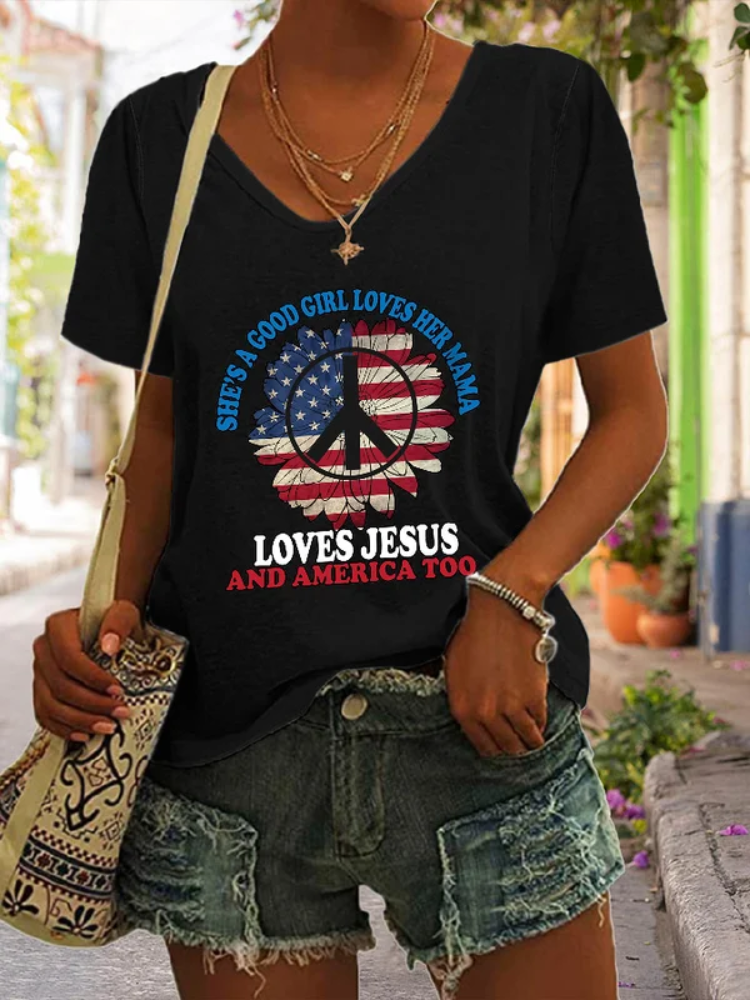 She's A Good Girl Loves Her Mama Loves Jesus And America Too Print T-Shirt socialshop
