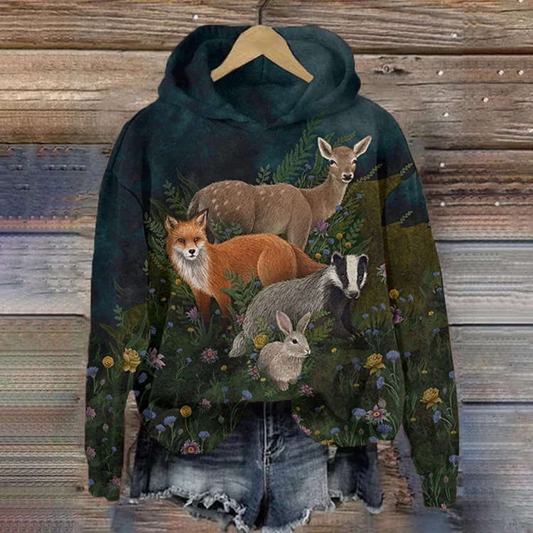 Winter-Kapuzenpullover mit Fuchs- und Elch-Kunstdruck für Damen