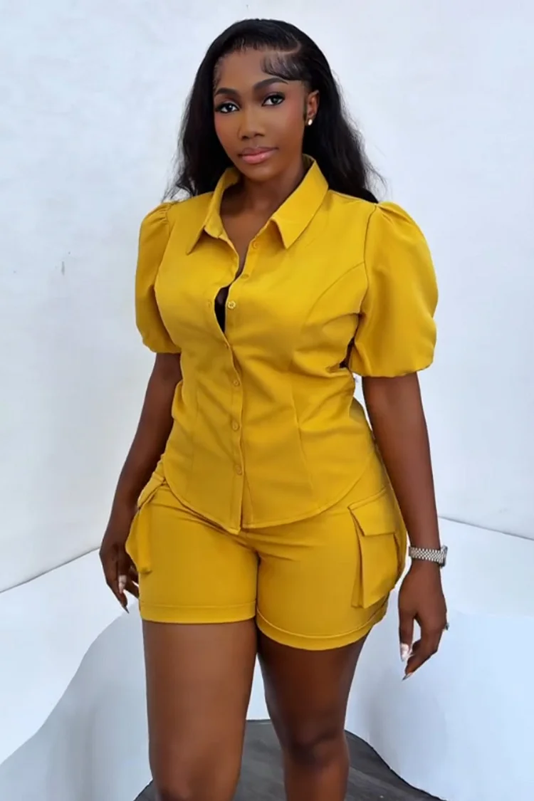 Puff Short Sleeve Curved Hem Blouse Pocket Shorts 2pcs Set-Yellow [Pre Order]