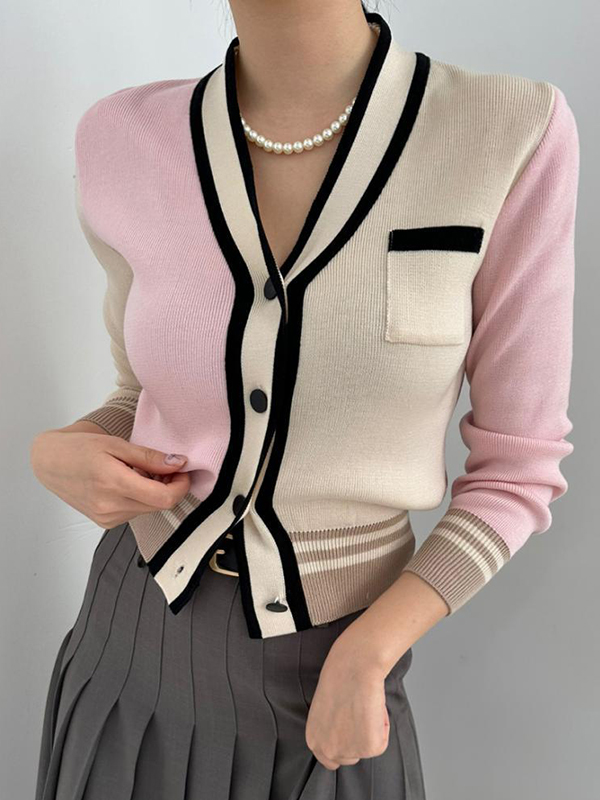 Loose Color Matching V Neck Knit Shirt