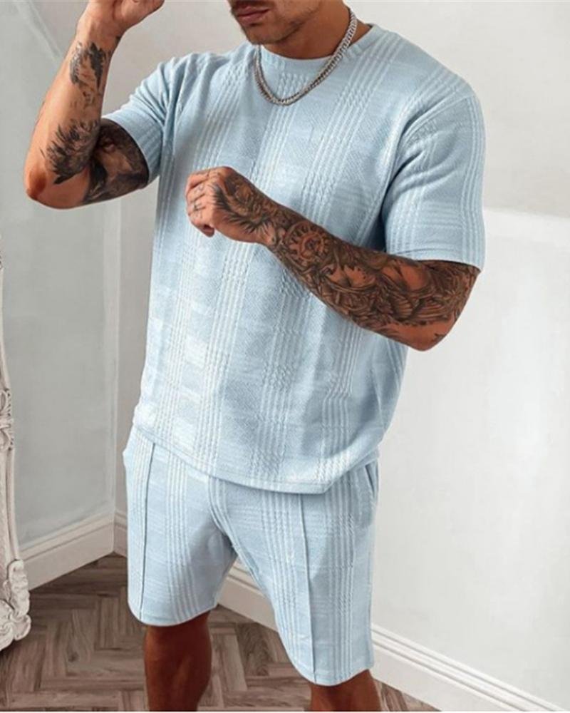 Men's Casual Light Blue Plaid Short-sleeved Slim Shorts Suit