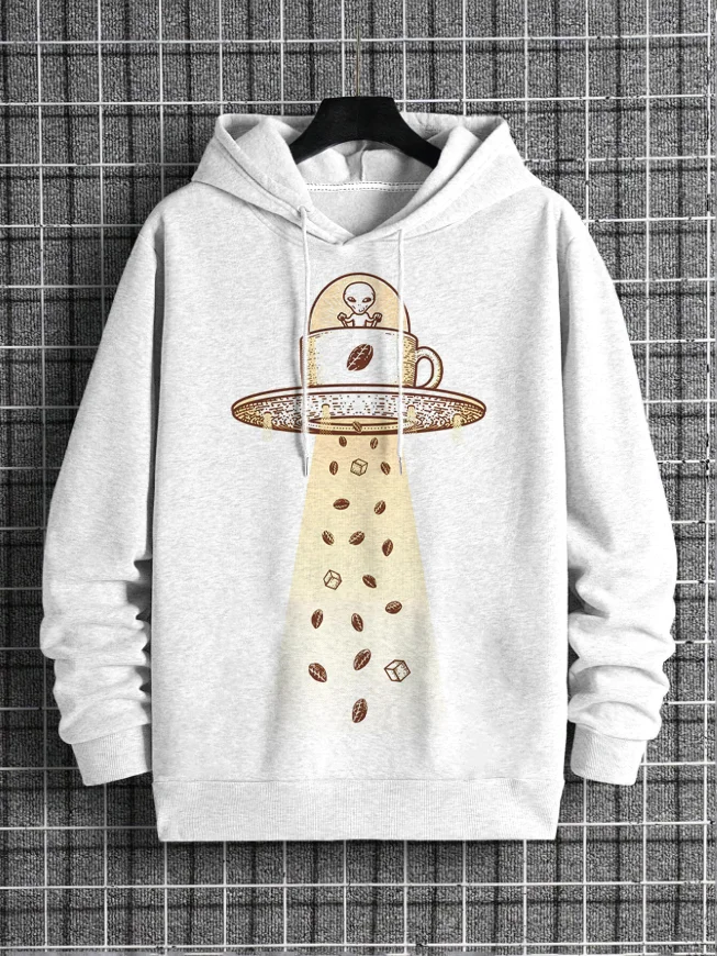 Men's Alien UFO Dropping Coffee Beans Art Print Hooded Sweatshirt