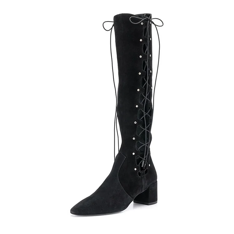 Black Vegan Suede Lace Up Boots Hollow Out Chunky Heel Knee High Boots |FSJ Shoes