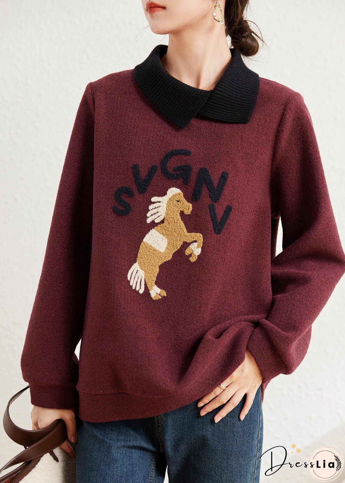 Natural Mulberry Peter Pan Collar Patchwork Horse Cotton Loose Sweatshirts Top Spring