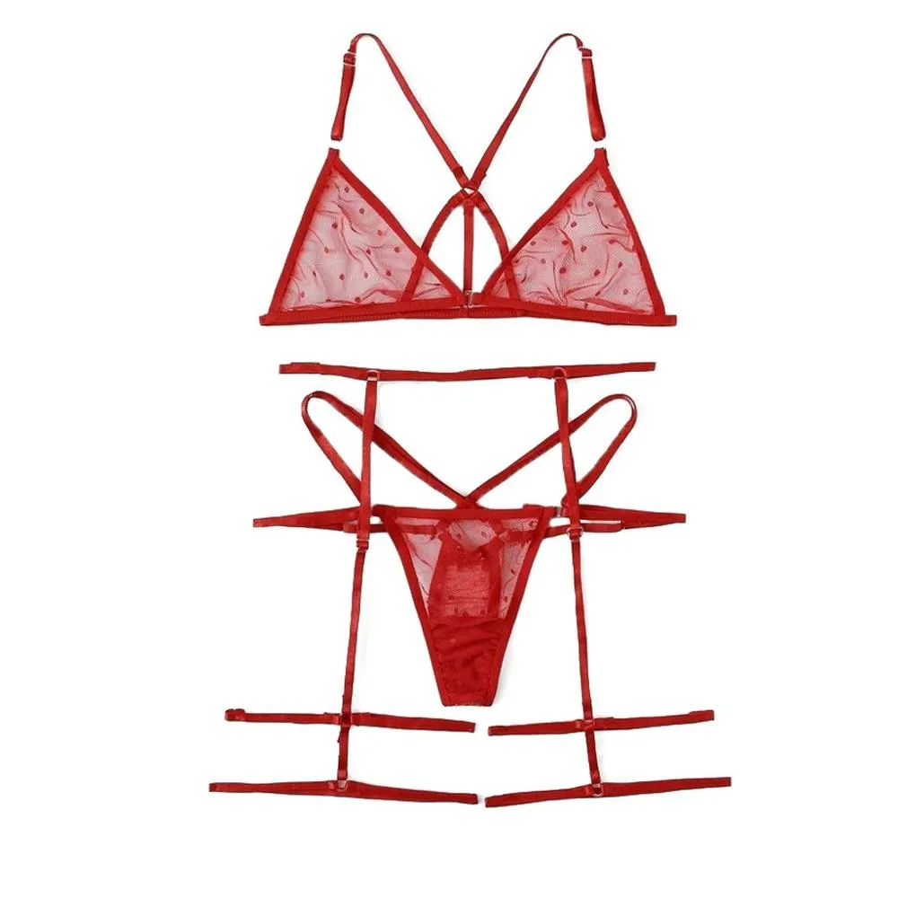 Black Harness Polka Dot Garter Sexy Women Transparent Lingerie Set 2019 Summer See Through Ladies Bra And Underwear Set