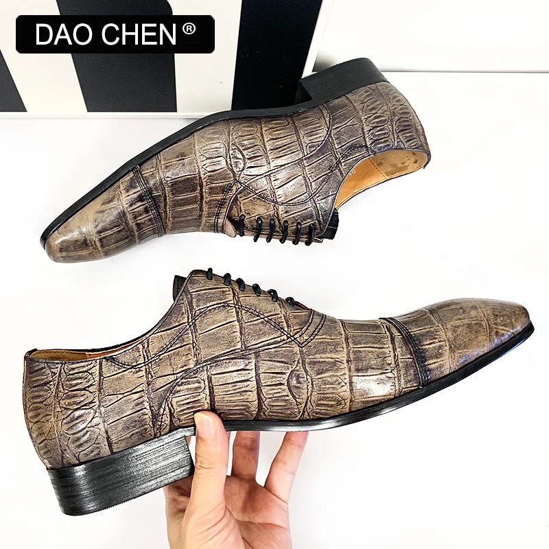 VCSHOES ITALIAN MEN LEATHER SHOES GRAY CROCODILE PRINT CASUAL MEN DRESS SHOES CAP TOE WEDDING OFFICE OXFRD SHOES FRO MEN