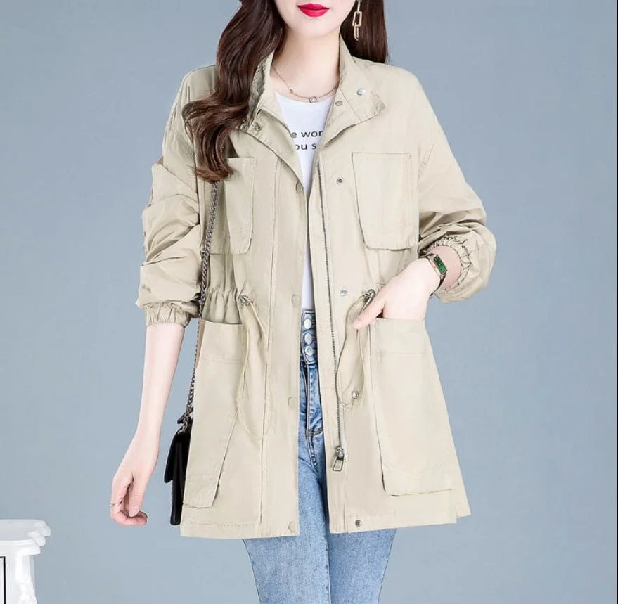 Autumn Women's Trench Coat 2021 New Solid Pocket Drawstring Mid Long Overcoat Loose Plus Size 4XL Female Windbreakers Basic Coat