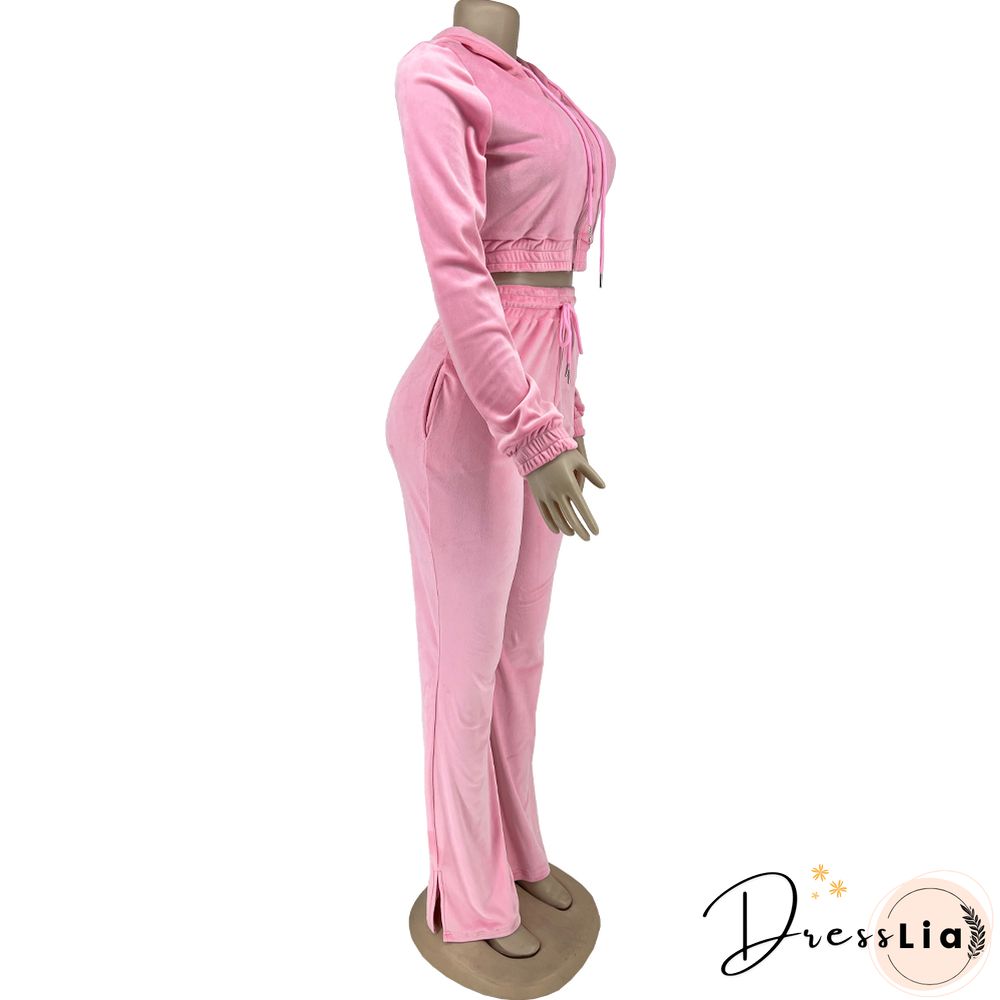 Zipper Hooded Jacket Flare Pants Velvet Two Piece Set