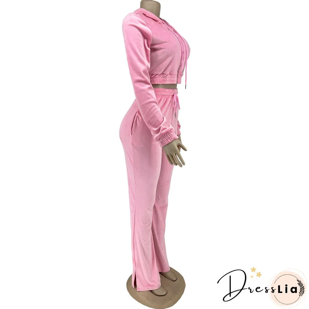 Zipper Hooded Jacket Flare Pants Velvet Two Piece Set