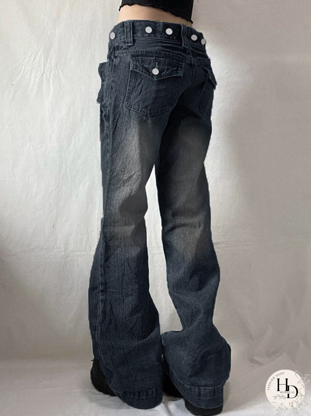 Metal Decor Buckle Low Rise Boyfriend Jeans