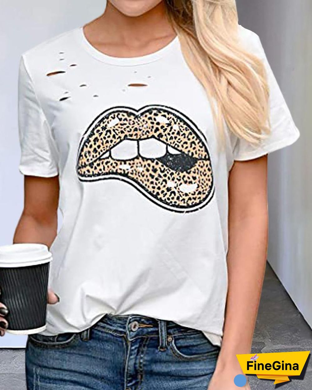 Short Sleeve Lip Leopard Print T-shirt P14771