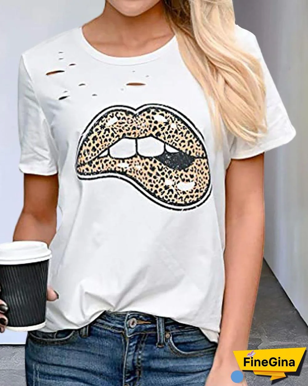 Short Sleeve Lip Leopard Print T-shirt P14771
