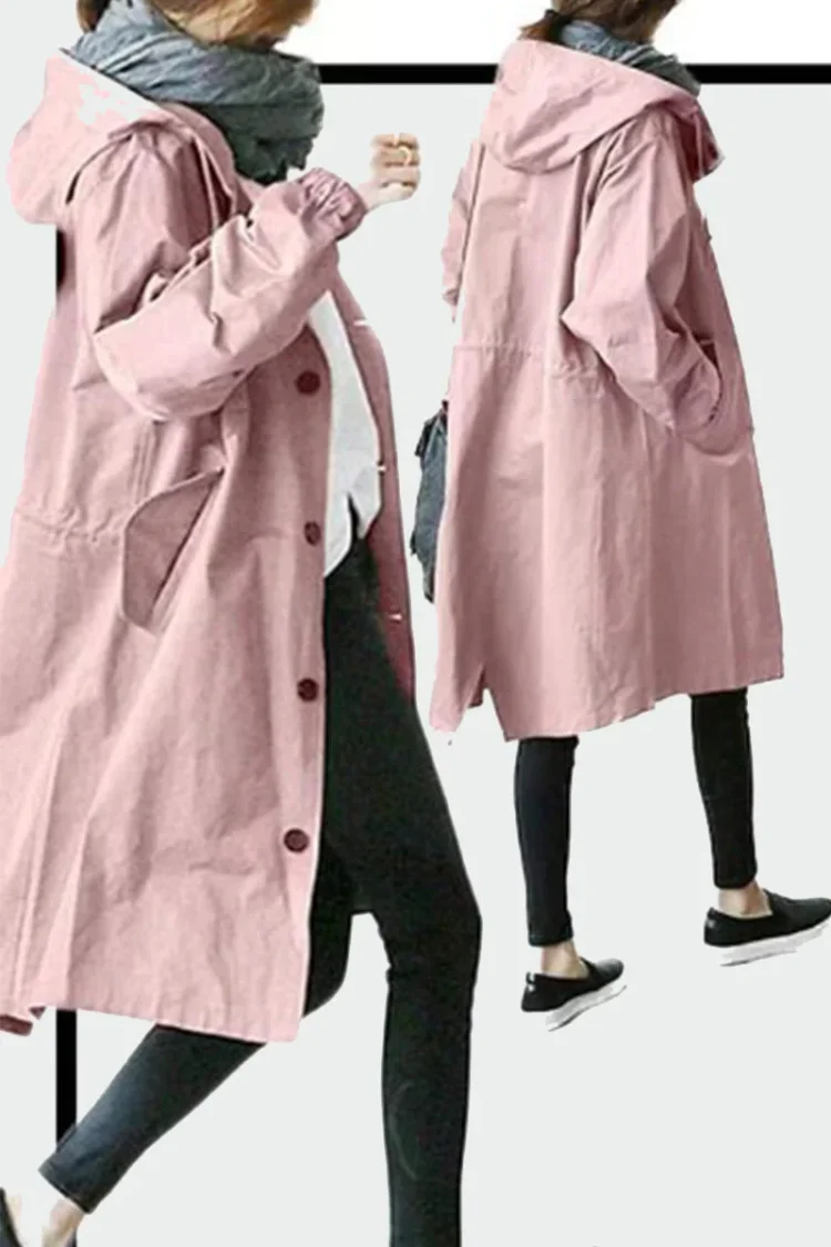 British Style Solid Pocket Buttons Hooded Collar Outerwear