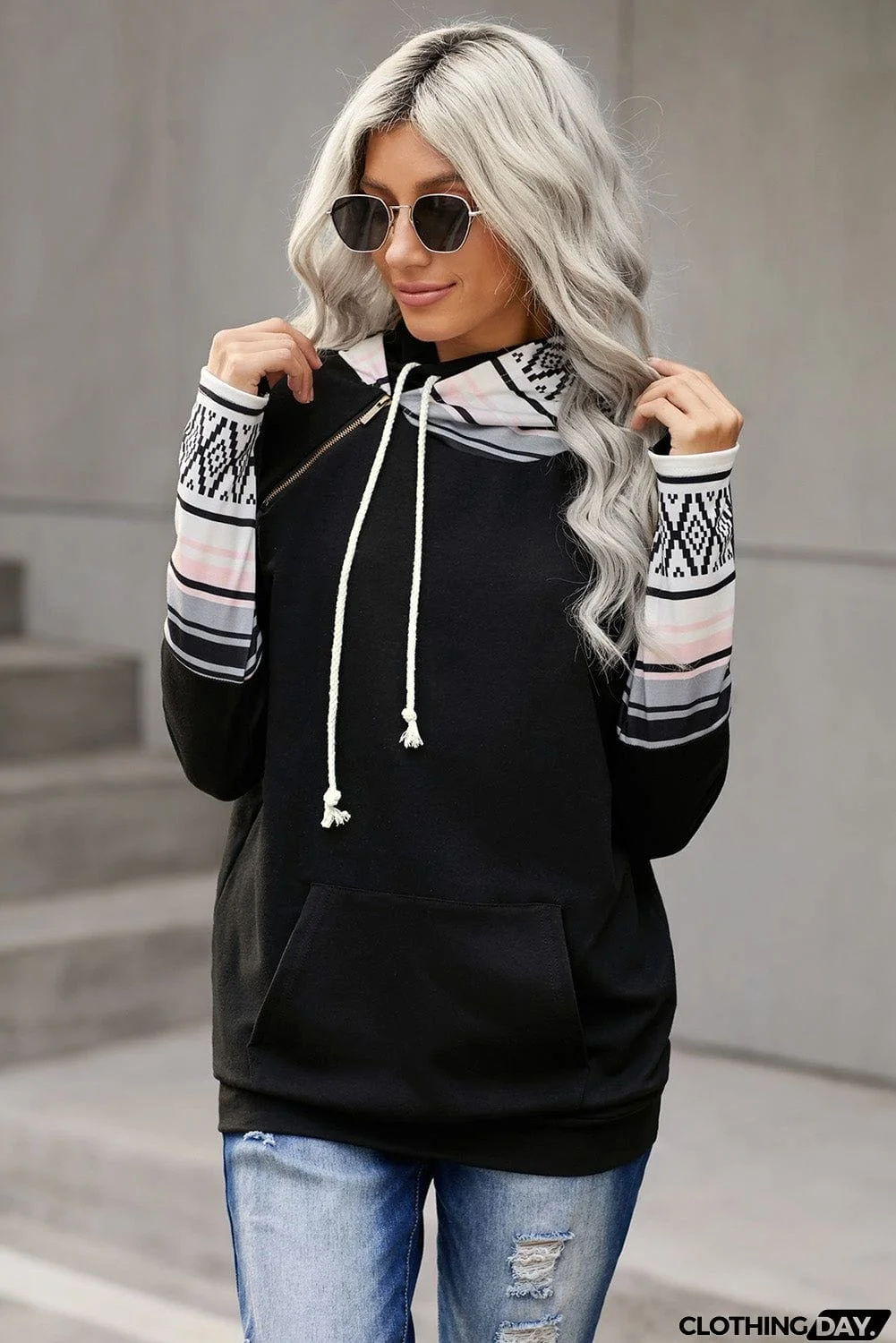 Plaid Double Hoods Thumb Hole Hoodie