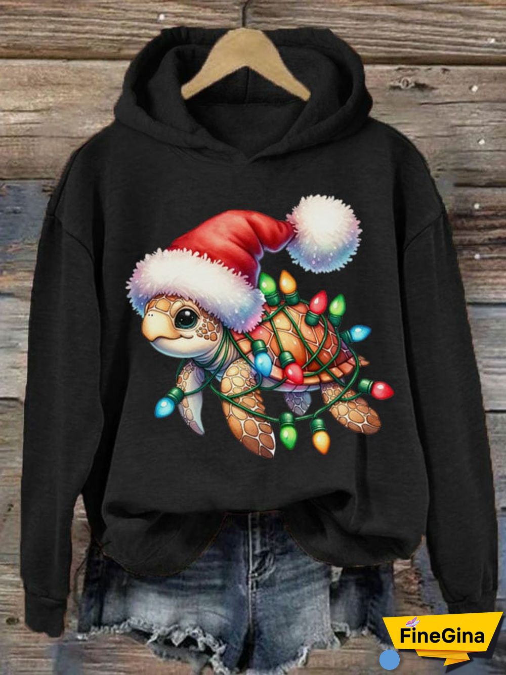 Women's Santa Turtle Christmas Mele Kalikimaka Print Hoodie