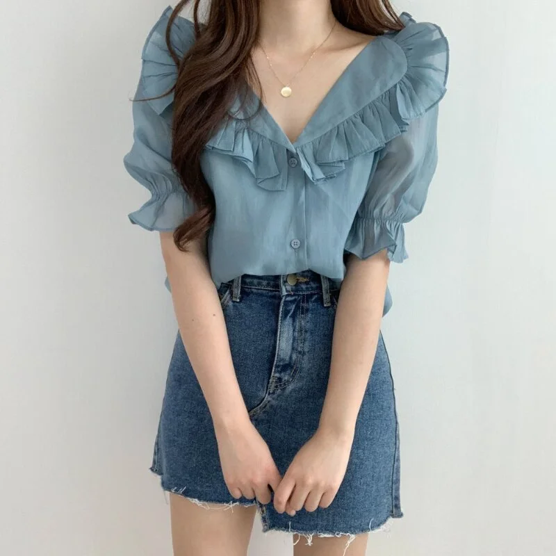 Jangj Summer Chic Design Ruffled Sweet Chiffon Shirt Puff Sleeves V-neck Pullover Blouse Korean Style Solid Short Sleeve Clothing