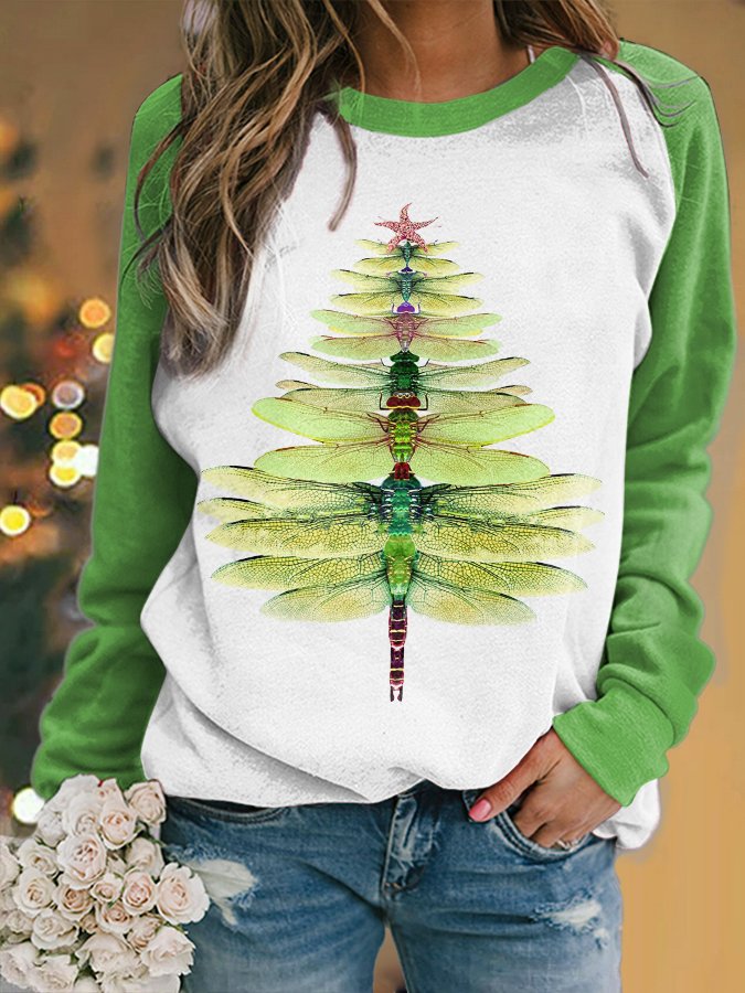 Womens Dragonfly Christmas Tree Print Sleeve Sweatshirt 