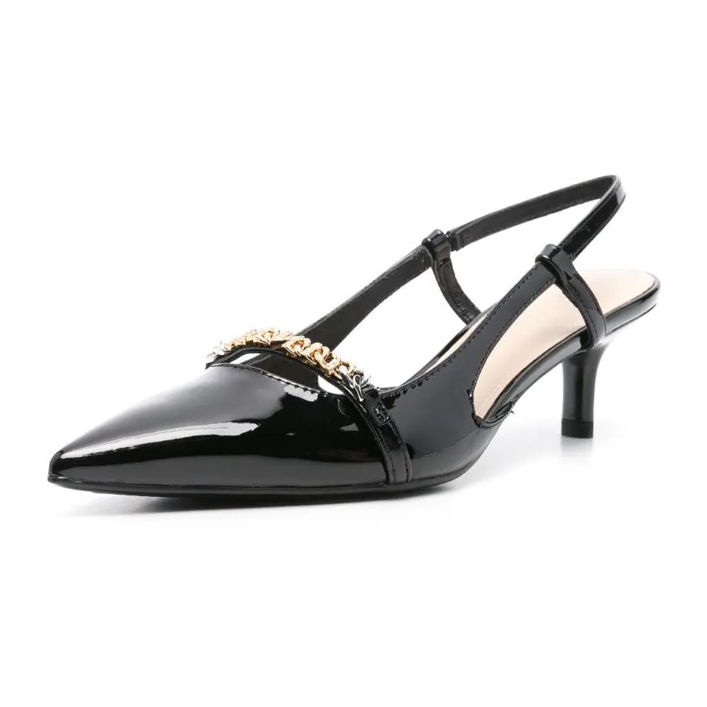 Black Patent Chains Kitten Heel Slingback Pumps with Pointed Toe Nicepairs