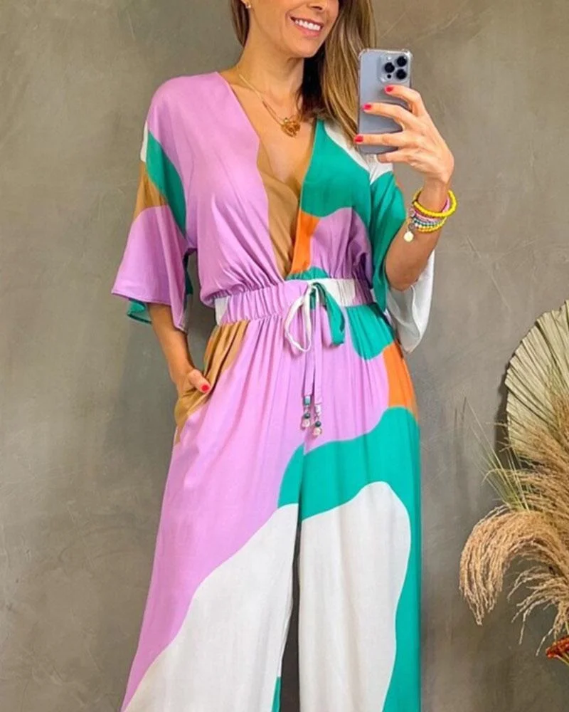 Printed V-neck Short Sleeve High Waist Jumpsuit