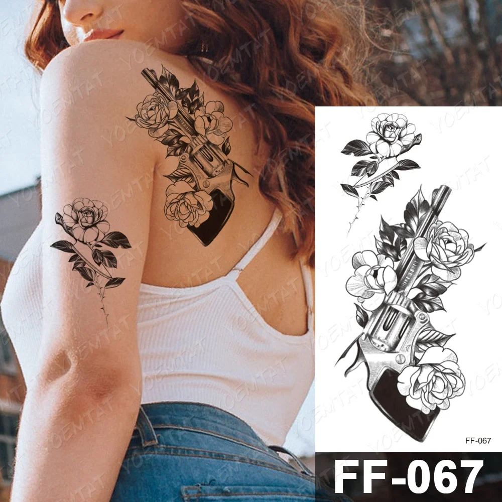 Waterproof Temporary Tattoo Stickers Peony Rose Flower Gun Flash Tattoos Female Black Sketch Body Art Arm Sexy Fake Tatto Male