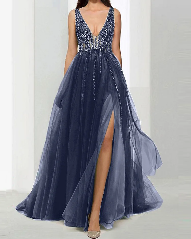 slit sequined Gown chiffon silk maxi dress - 01