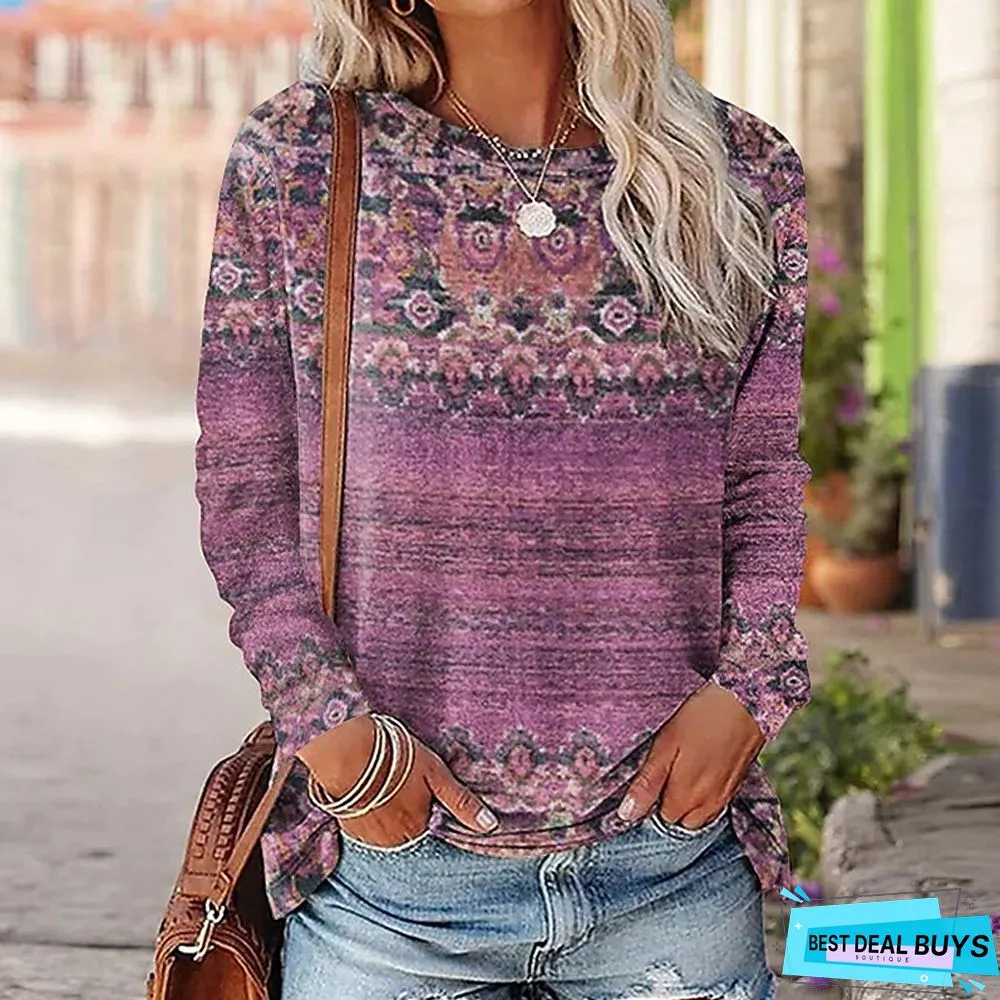 Womens Shirt Tee Yellow Red Blue Graphic Print Long Sleeve Daily Weekend Basic Round-neck