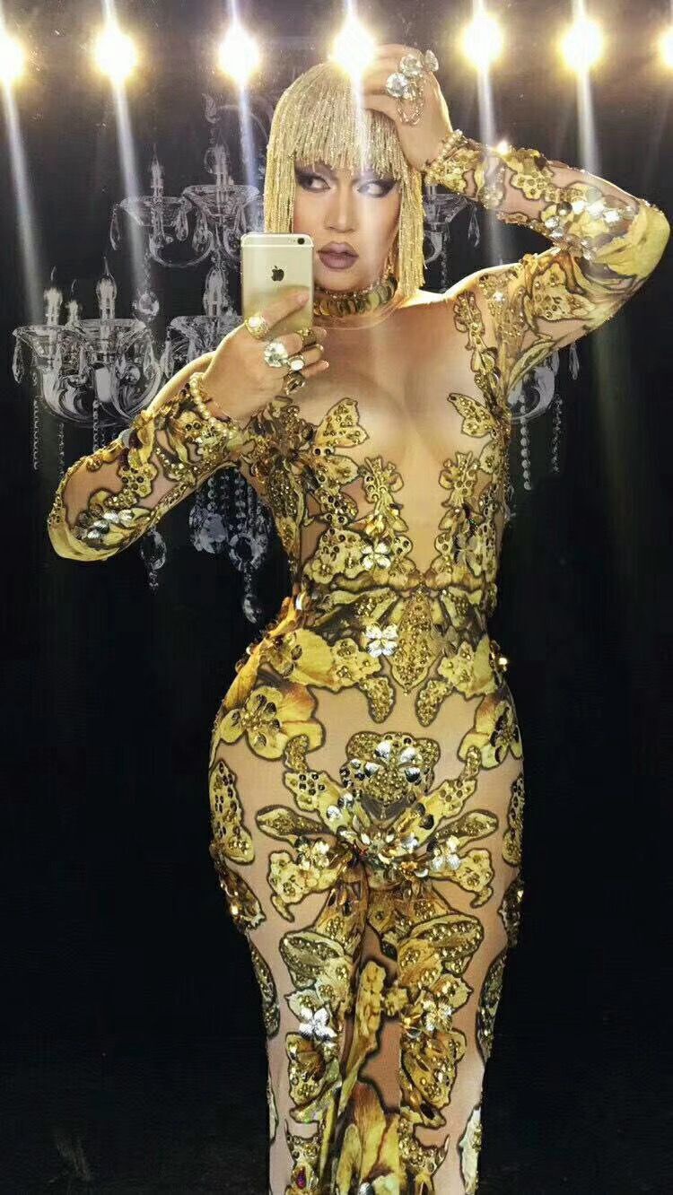 GOOSHOE Diamond Rompers Prom Stage Costumes Golden Yellow Crystals Jumpsuit Costume